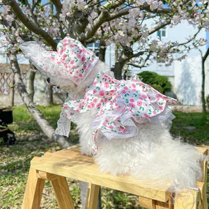 Detail of floral pet dress with a large back bow and lace sun hat for dogs