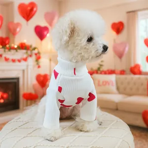 Chic ribbed knit dog sweater with red heart patterns for small pets in white
