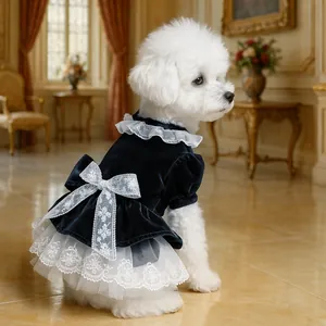 Blue velvet pet dress with large white lace bow and vintage palace style ruffles