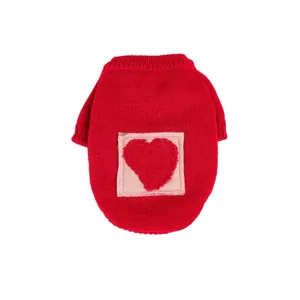 Red knit pet sweater with pink square and 3D heart pattern for small dogs and cats