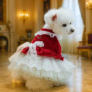 Elegant velvet dog dress with lace trim and pearl collar in a classic red court style