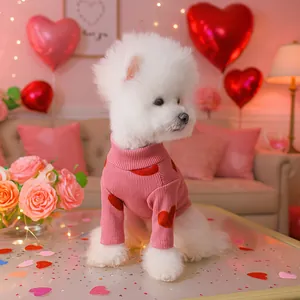 Detail of pink knitted dog sweater with red heart patterns for Valentine's Day attire