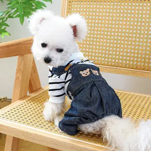 Détail de chemise à rayures pour chien et salopette en jean avec broderie d'ours