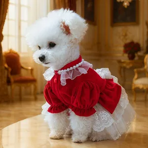 Detailed view of red velvet pet dress with lace trim and pearls on a white dog