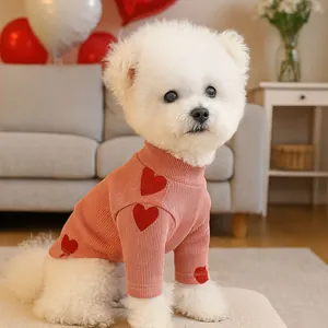 Pink knit pet sweater with red heart patches for dogs, shown on a white Bichon Frise