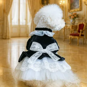 Elegant Velvet Pet Dog Dress Palace Princess Gown With Lace Bow Embroidered Puppy Cat Clothing Wedding Party Apparel