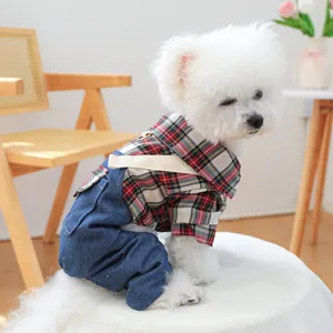 Detailed view of plaid shirt and denim overalls on a small dog in a home setting