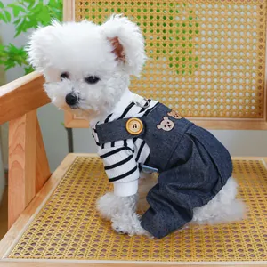 Dog two-piece outfit featuring striped knit shirt and bear embroidery denim overalls