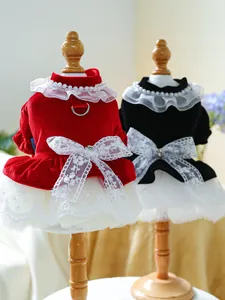 Detail of velvet pet dress with floral lace hem, pearl collar and metal D-ring for leash
