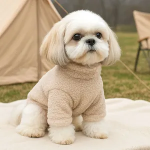 Beige Sherpa fleece dog jacket with high neck for warm winter outdoor camping