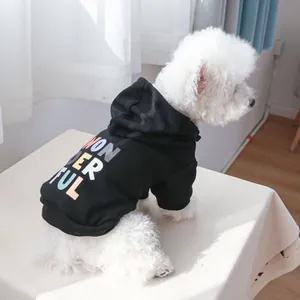 Detail of black pet hoodie with colorful Wonderful lettering on the back for small dogs