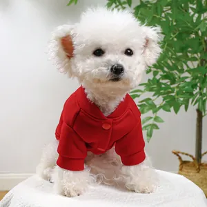 Warm red pet cardigan sweater with buttons on a fluffy white Bichon dog