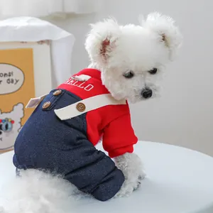 Thick winter dog jumpsuit with red Hello embroidery and blue denim pants for small pets