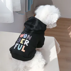 Detail of black pet hoodie with colorful Wonderful text on white curly-haired dog