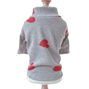 Grey knit dog sweater with red heart pattern for small pets in fall and winter seasons