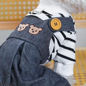 Striped dog jumpsuit with bear embroidery and denim overalls for pets