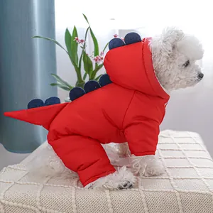 Thick red dinosaur pet winter jumpsuit for small dogs with 3D spikes and warm padding