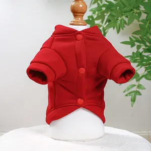 Warm red fleece dog hoodie with letter M design and easy snap buttons for pets