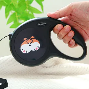 Laisse rétractable noire pour chien avec motif Corgi dessin animé et poignée ergonomique