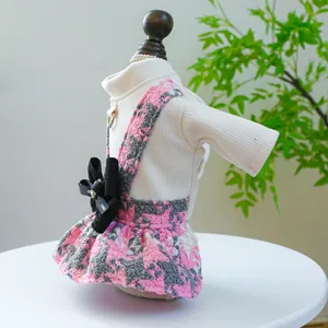 Classic houndstooth pet dress with bow and D-ring on white knit shirt for dogs and cats