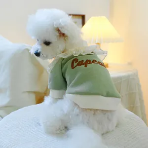 Detail of dog hoodie featuring lace collar and cupcake embroidery on green fabric