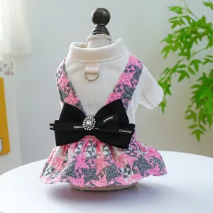 Pet Classic Houndstooth Bowknot Dress With D-Ring Pink Grey Autumn Winter Warm Dog Cat Skirt Clothes Puppy Apparel