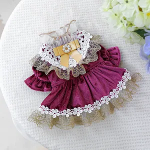 Detailed view of magenta velvet pet dress with lace edges and golden silk bow accent