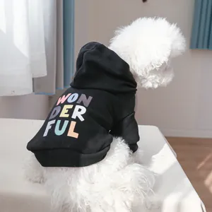 Detail of the colorful Wonderful print on a black hooded pet sweatshirt for small dogs