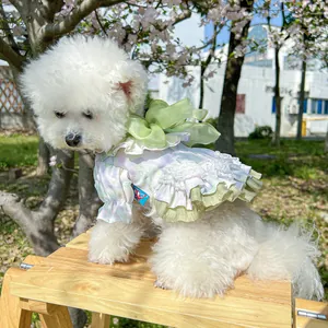 Detailed view of floral dog dress with a green organza bow and white lace edges