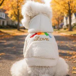 Rainbow Heart Embroidered Sherpa Fleece Pet Hoodie Warm Autumn Winter Dog Clothes For Small Dogs Cats Cream White