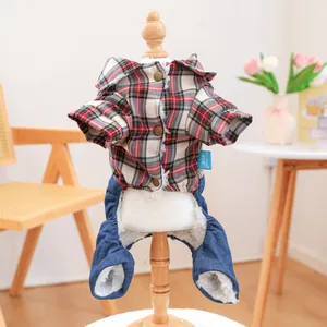 Detail of plaid pet jumpsuit with blue denim pants and warm thick sherpa fleece lining