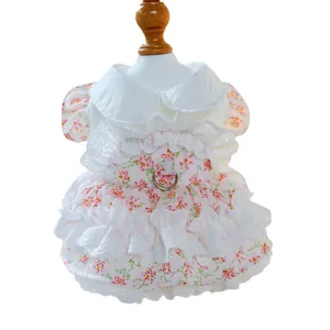 Floral pet princess dress with white lace trim and metal D-ring for small dogs