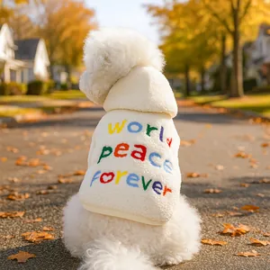 Felpa con Cappuccio in Lana d'Agnello Calda per Cani Piccoli Gatti World Peace Forever Giacca in Pile Ricamata per Animali