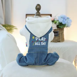 Détail de la combinaison en jean pour animaux avec broderie Play All Day et arc-en-ciel