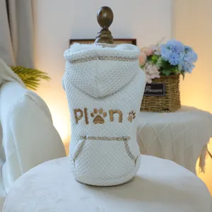 White waffle textured fleece pet hoodie with gold PLAY embroidery and cozy warm lining