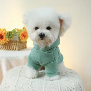 Detail of mint green pet hoodie featuring warm fleece texture on a white dog