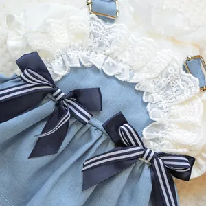 Detail of blue denim pet dress featuring white lace collar and striped bows on plush rug