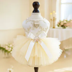 Elegant Lace Mesh Pet Wedding Dress Luxury Floral Embroidered Dog Tutu Dress With Bowknot For Small Dogs Cats Birthday Party