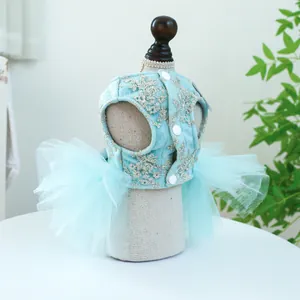Robe de luxe pour animaux bleu clair avec broderie dentelle et jupe en tulle tutu
