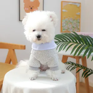 Close-up of a grey knit dog sweater with a blue striped shirt collar for small pets