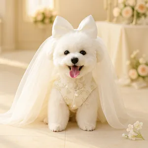 Elegant white pet wedding dress with sequins and a large bow veil for small dogs
