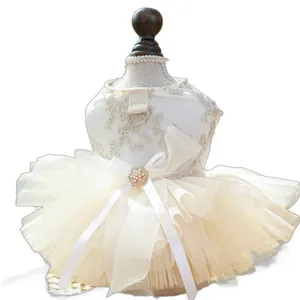 Elegant white lace pet wedding dress with multilayer tulle skirt and bow for small dogs