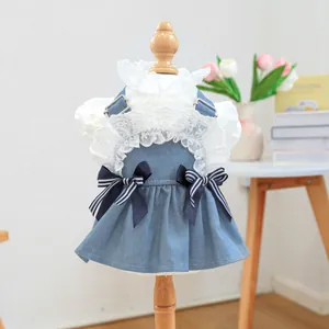 Sweet denim pet dress with white lace collar and blue striped bows for dogs and cats