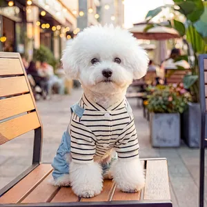 Dettaglio della maglietta a righe e della salopette in denim blu per un cane bianco