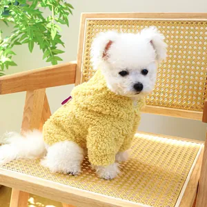 Gros plan d'un petit chien en sweat à capuche en polaire jaune sur une chaise