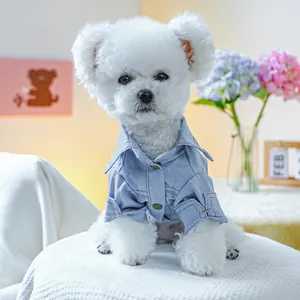 Detail eines hellblauen Denim-Haustierhemds mit klassischem Kragen und Knöpfen für Hunde
