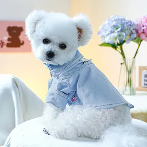 Nahaufnahme einer kleinen Hundejacke aus hellblauem Denim mit roter Cartoon-Stickerei