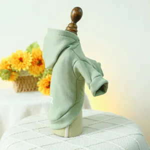 Detail of sage green pet hoodie on a wooden model featuring soft knit fabric and hood