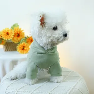 Detail of green pet hoodie with hood, ribbed cuffs and kangaroo pocket on a bichon dog
