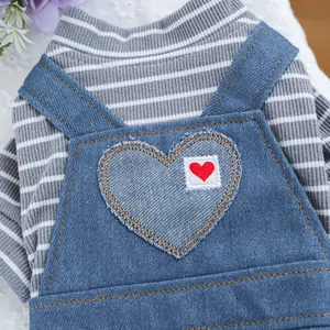 Détail d'un t-shirt rayé pour animaux et d'une salopette en jean avec broderie coeur